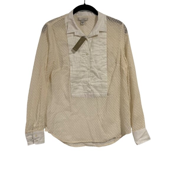 J. Crew Cream Swiss Dot White Tuxedo Style Placket LS Blouse‎ Size 0 NWT - Picture 1 of 8